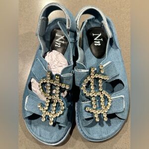 Nn Blue Denim Sandals with Rhinestone Accents
